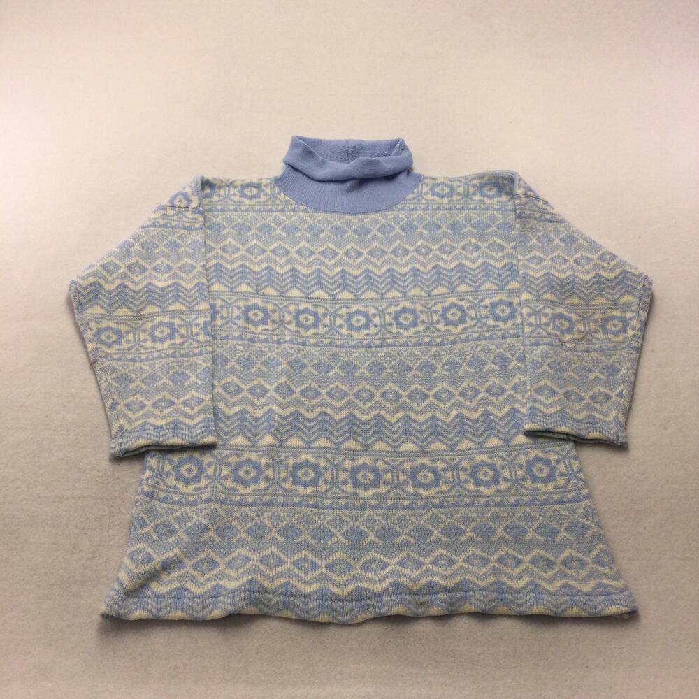 Vintage Fast Turn Sweater Womens Large Blue Fair Isle Turtleneck Tunic Knit 80s